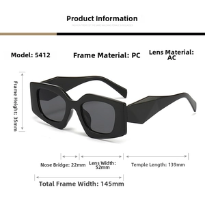 Detailed size specifications for geometric polygon sunglasses with PC and AC material frame