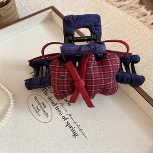 Korean style hair claw with navy plaid fabric, cute red bear and bow hair accessory