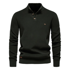 Dark green men's long-sleeve knit sweater with high neck half-button collar in solid color