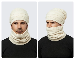Detail of beige winter knitted beanie and neck warmer set with wave texture