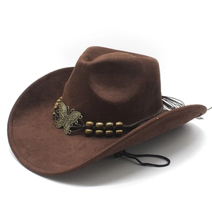 Vintage brown suede western cowboy hat with metal butterfly buckle and wide brim