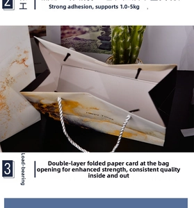 Detail of marble pattern gift bag showing reinforced handle structure and weight capacity