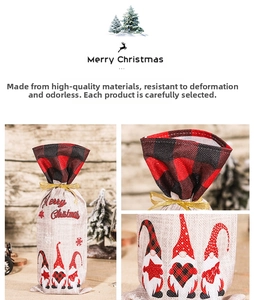 Detailed views of Nordic Christmas wine bottle covers with gnome patterns and ribbons