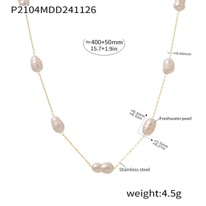 Gold stainless steel necklace with natural freshwater pearl and detailed size parameters
