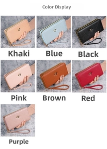 Detailed grid view of long women wallets in seven colors with heart metal buckles