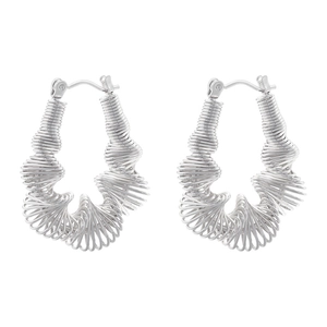 Detail view of silver spiral twisted earrings with metallic lines on white backdrop