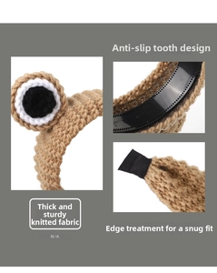 Detail of brown knitted frog headband featuring non-slip teeth and soft ribbon edge wraps