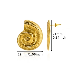 Detailed view of gold shell earrings with dimensions 27mm by 24mm on white background