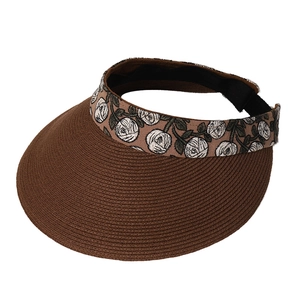 Brown wide brim straw sun visor for women featuring elegant rose embroidery ribbon detailing