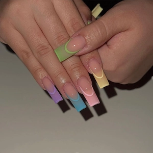 Extra long square press on nails with rainbow gradient French tips and jelly texture