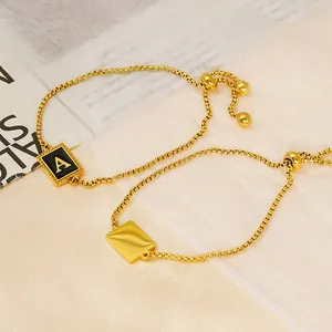 18K gold plated titanium steel box chain bracelets with black enamel letter A pendant