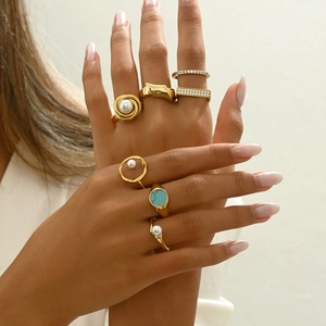 Irregular Geometric Ring Stainless Steel Gold Plated With Artificial Pearl And Zircon Fashion Jewelry For Women