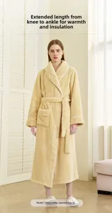 Detail view of cream long flannel robe with white piping and warm thermal texture