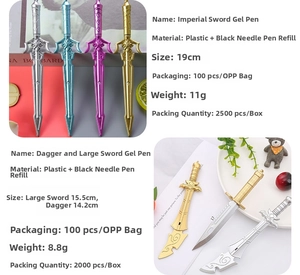 Detail of creative sword-shaped gel pens including Emperor Sword and Dagger styles