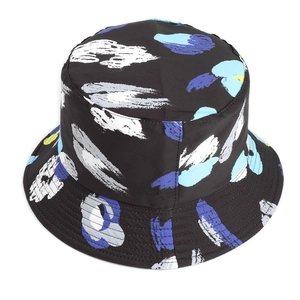 Black bucket hat with abstract blue and white brushstroke print for sun protection
