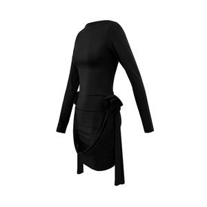 Detail of the elegant 3D flower embellishment and draping ribbons on black mini dress