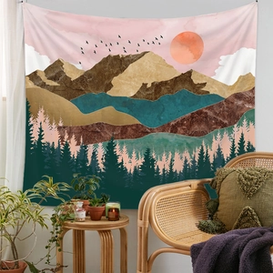 Detailed view of bohemian moon phase tapestry featuring abstract mountain and forest scenery