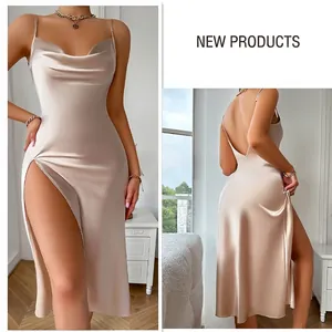 Elegant champagne satin slip dress with thin straps and side slit for women