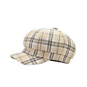 Casquette octogonale respirante à carreaux en coton et lin avec un style vintage rétro