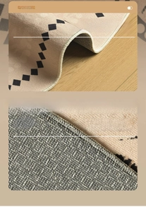 Detailed view of beige round rug showing overlock edge and non-slip silicone cotton backing