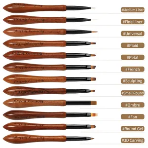 Kit de 12 pinceaux nail art professionnels avec manches en noyer pour dessin et dégradé