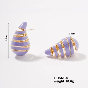 Detail view of gold and purple enamel hollow teardrop earrings with precise dimensions