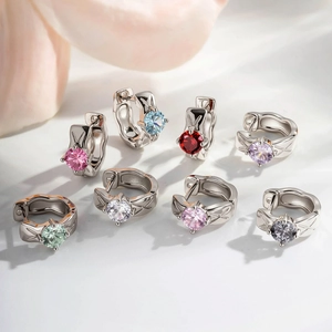 Cubic Zirconia Hoop Earrings Copper Wave Textured Round Piercing Jewelry Ear Cartilage Huggie Stud Colorful Fashion Accessory