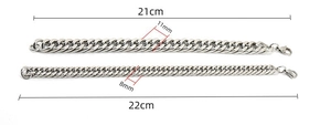 Detailed size chart of silver Cuban link bracelets in 8mm and 11mm width on white background