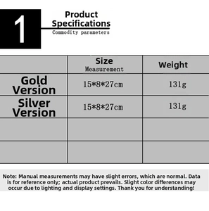 Detailed size and weight specification table for gold and silver faceless gnome decorations