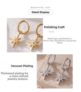 Detail of North Star hoop earrings with polished gold and silver plating and zircon stones