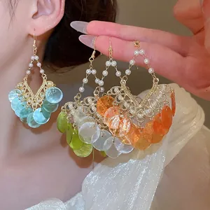 Bohemian Cascading Drop Hook Earrings With Alloy Hollow Frame Imitation Artificial Pearl And Shell Disks Beach Vacation Style For Women