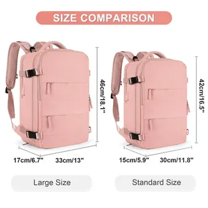 Size comparison chart showing dimensions for large and standard travel backpacks