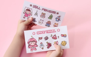 Detail of cute Korean cartoon PVC stickers featuring doll machine and space travel themes