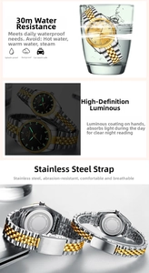 Detail of CHENXI CX-004 steel quartz watch showing 30m waterproof and luminous dial features