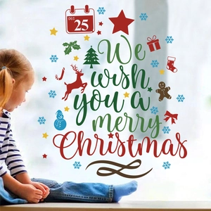 Autocollants De Fenêtre De Noël PVC Statique Flocon De Neige Renne Inscription Merry Christmas Pour Décoration De Vitre Festive