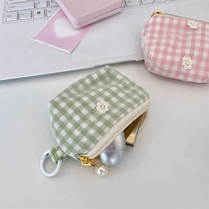 Floral embroidery checkered mini cosmetic bag with pearl zipper pull and handle