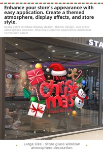 Macro detail of Merry Christmas and Happy New Year window stickers with festive snowman motifs