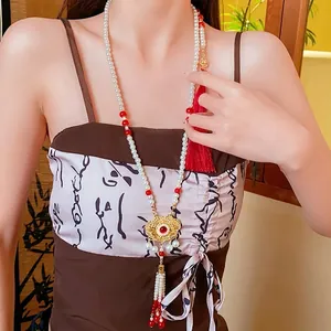 New Chinese style phoenix peace lock necklace with glass beads and elegant pearl tassels