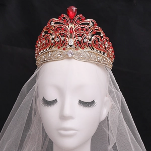 Luxurious gold Miss World crown with red water-drop zircons and rhinestones on bridal veil