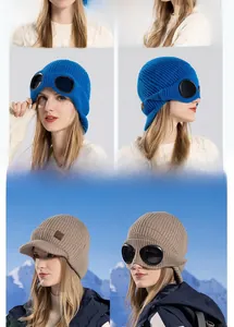 Gorro de punto de invierno con gafas que muestra orejeras y detalle de forro grueso
