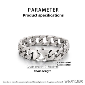 Detail showing stainless steel Cuban chain bracelet with dimensions 215mm x 15mm and 68g weight