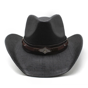 Classic black western cowboy straw hat with brown leather band and silver carved buckles