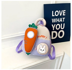 Detail of toddler backpack with 3D orange carrot zipper pouch and rabbit pocket