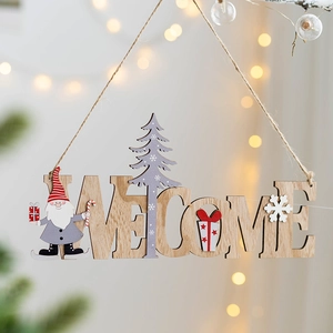 Christmas wooden Welcome sign with Santa and reindeer motifs for festive tree decoration