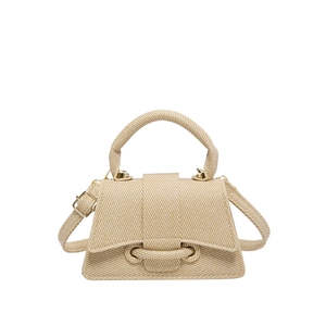 Chic hourglass woven mini handbag in beige with a curved base and crossbody strap