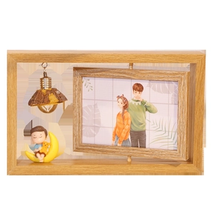 Rotating 6-inch wooden photo frame with cute figurine and decorative landscape light
