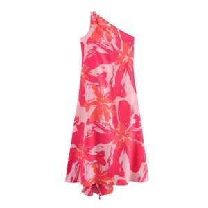 Women One Shoulder Maxi Dress Polyester Floral Print High Waist Sleeveless Elegant Summer Vacation Sweet Style