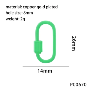 Technical drawing of 26x14mm green enamel oval screw lock clasp in gold-plated copper