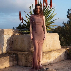 Elegant brown one-shoulder chiffon maxi dress featuring a high side slit and floor length