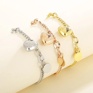 Three-color titanium steel heart bracelets with Blind for Love engraving and chunky chains